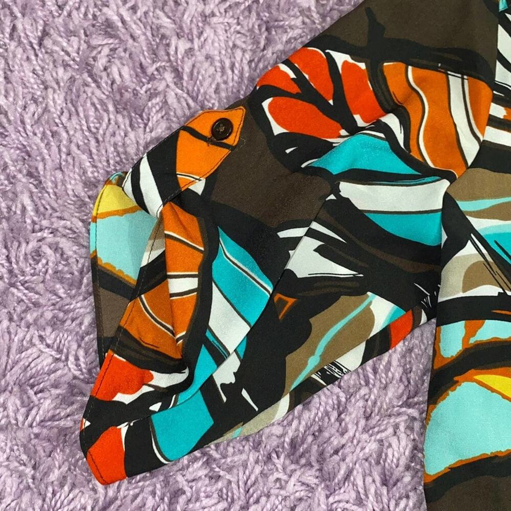 M Milano Brown Abstract Boho Half 3/4th Sleeve V Neck Work Career Blouse Top - Picture 11 of 12